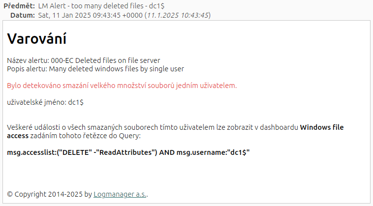 email alert bezpecnostni varovani priklad