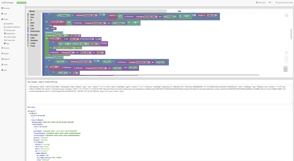 parsing log management blockly example