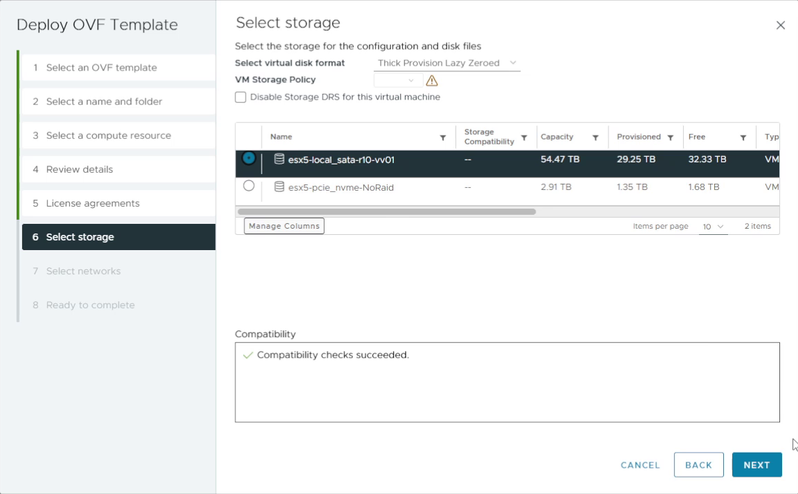 Selecting datastore for VM files