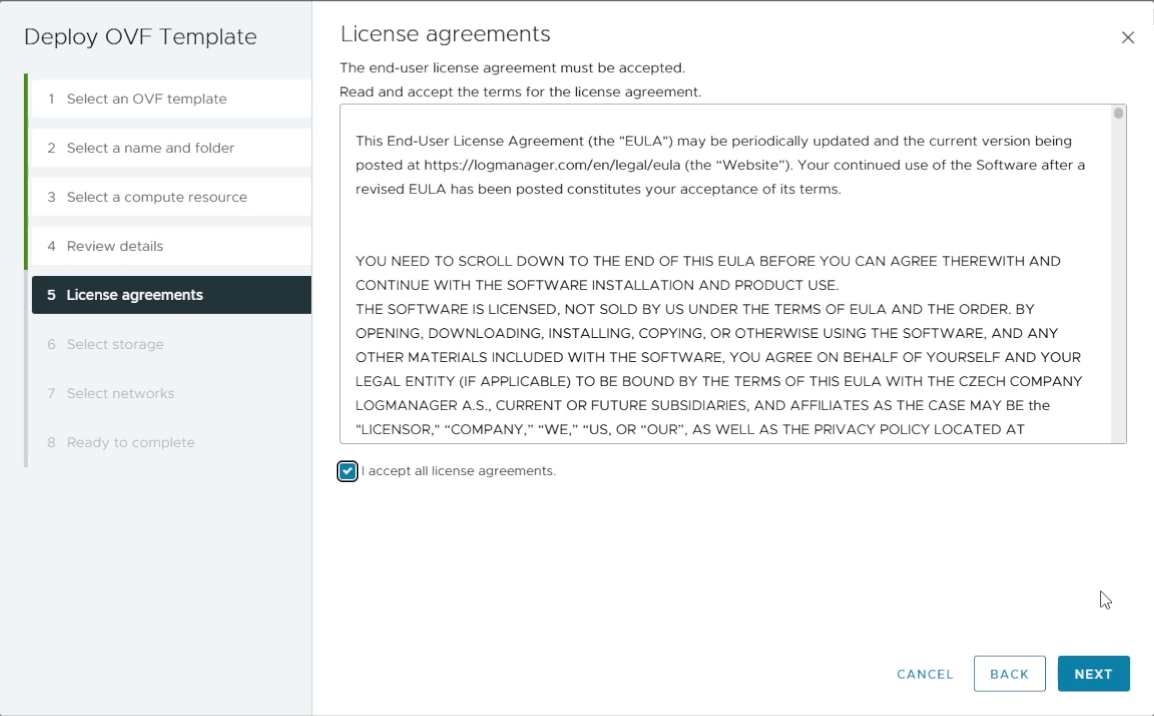 License agreement screen