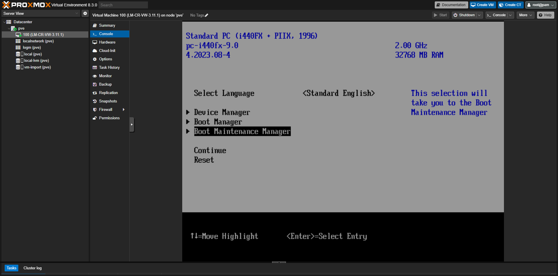 VM console showing UEFI boot menu with Boot Maintenance Manager option