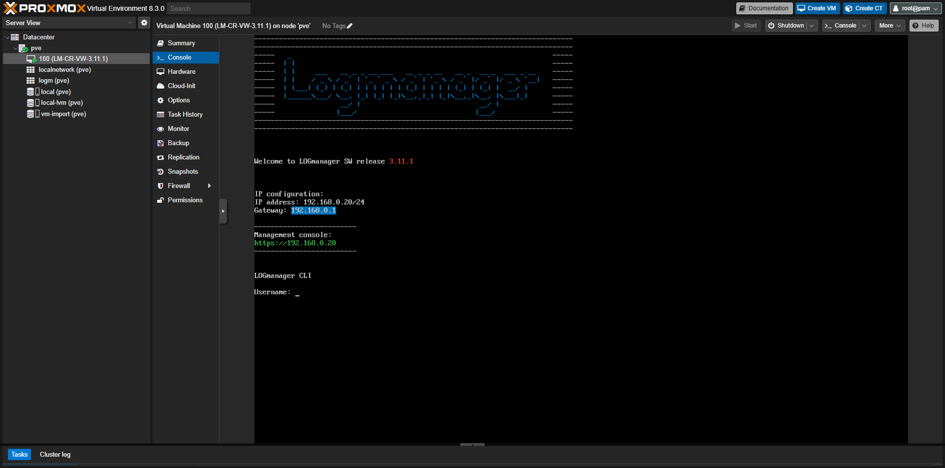 Logmanager VM booting in Proxmox console after successful EFI boot configuration
