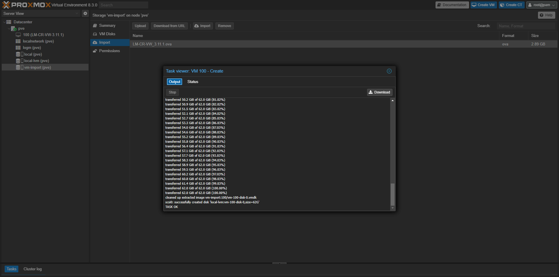 Proxmox VE task log window showing OVA import progress output