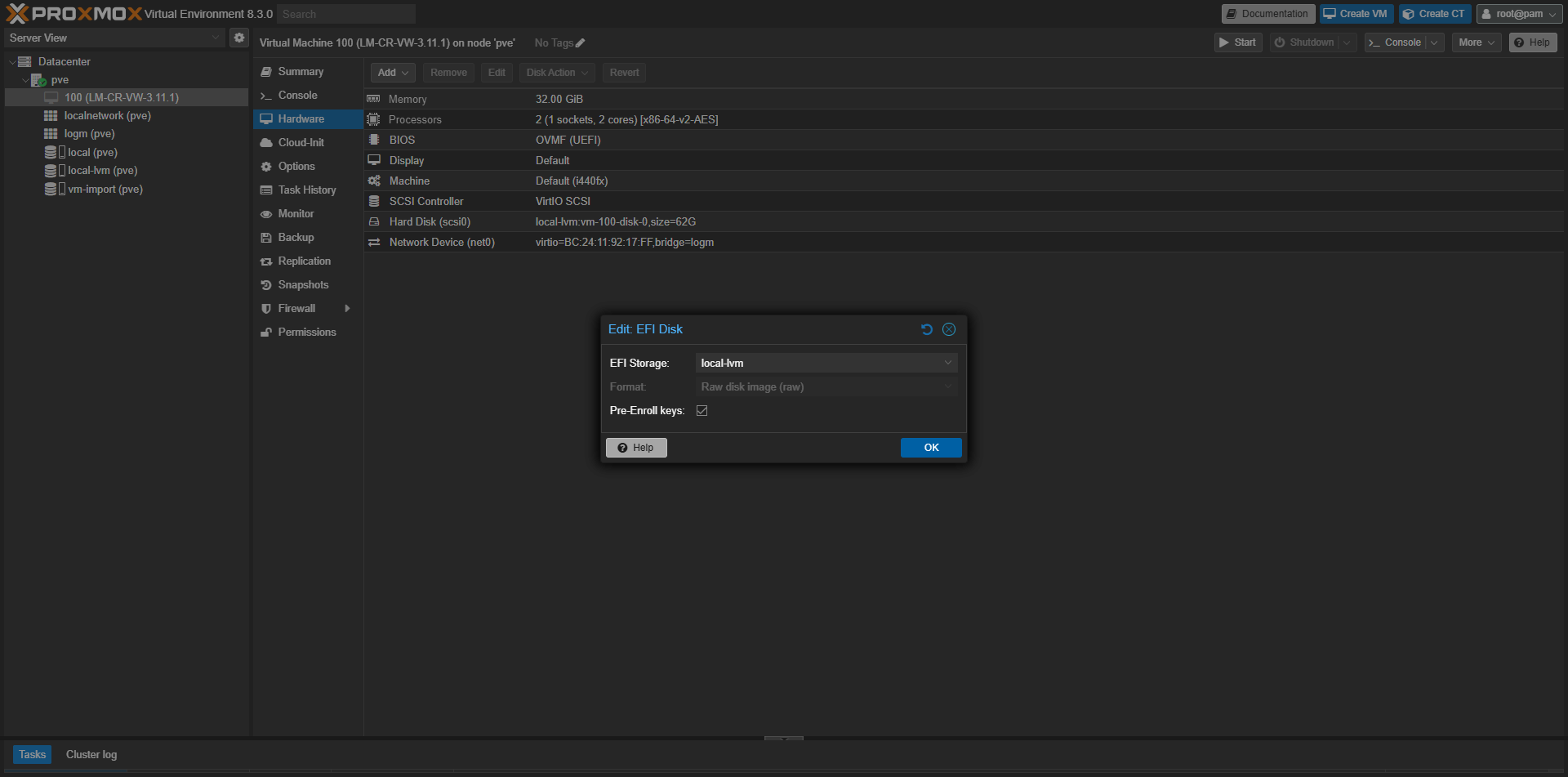 Proxmox VE VM Hardware tab with “Add: EFI Disk” dialog