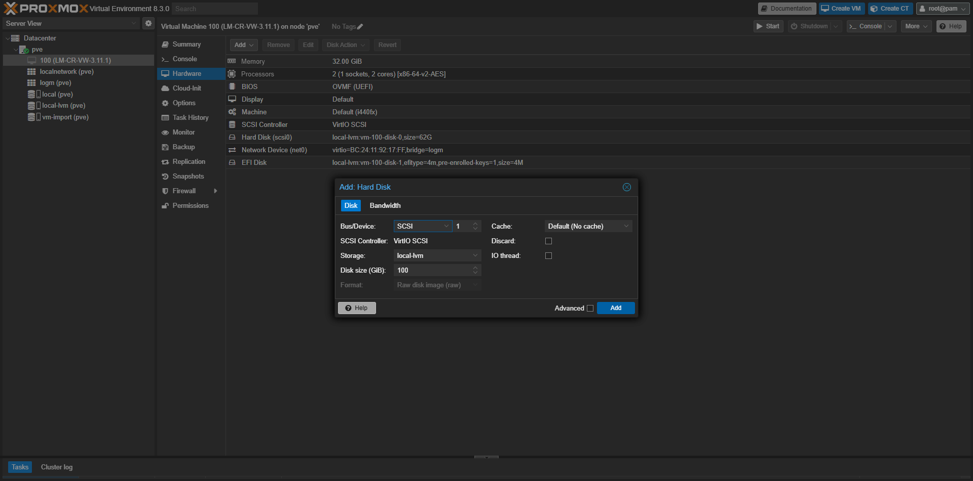 Proxmox VE “Add: Hard Disk” dialog for adding a new SCSI data disk