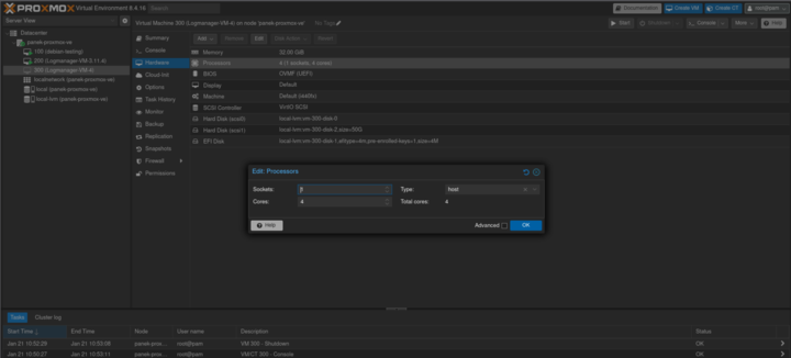 Proxmox VE CPU configuration dialog with CPU type set to Host